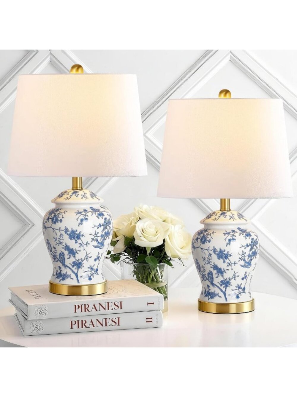 Chinoiserie Ceramic Table Lamps Set of 2 - Vintage Blue & White 22" for Living